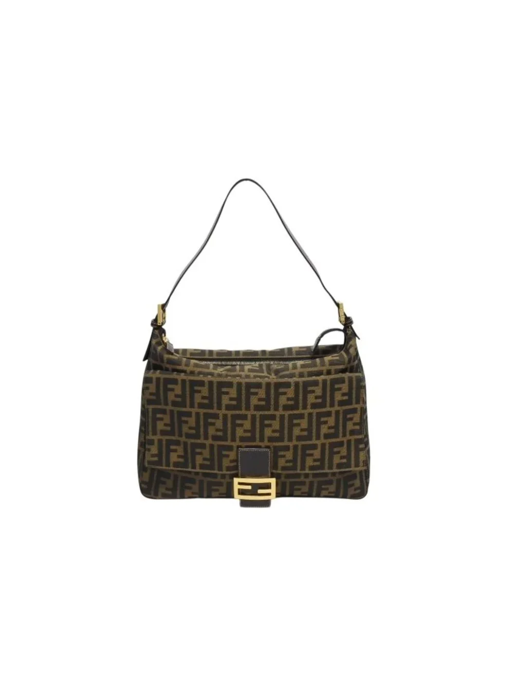 Fendi Mamma Baguette Handbag Zucca Pattern Brown Leather Canvas Gold
